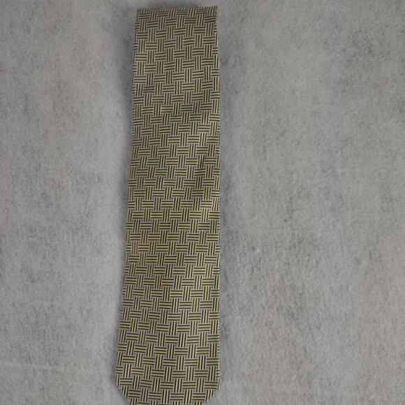 Tommy Hilfiger Gold, Tan, Blue Patterned 100% U.S.A Made Silk Necktie - Picture 1 of 7